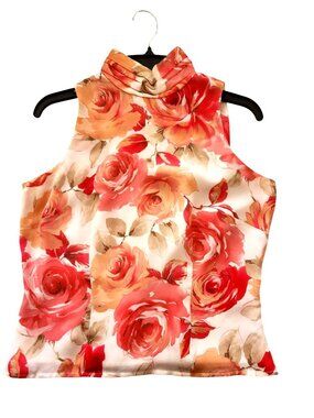 Vintage Peach and Pinkish flowers sleeveless blouse with scrunch neck, lined